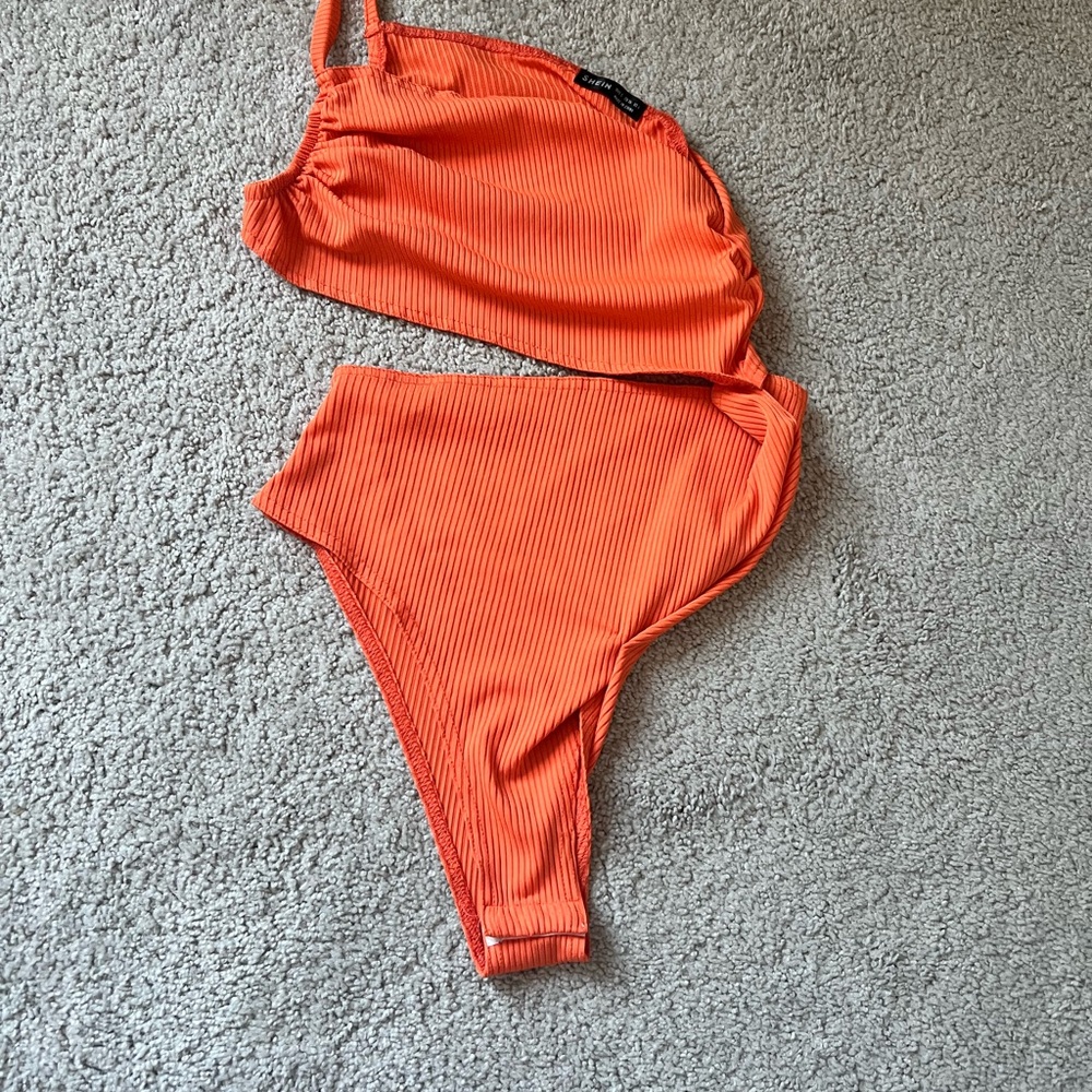 SHEIN Vibrant Orange Ribbed Swimwear